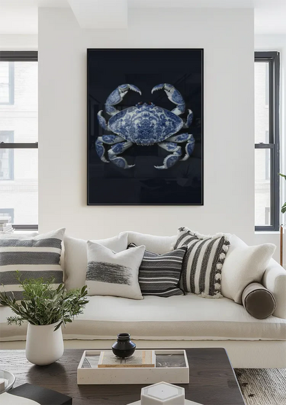 Delft Blue Crab Dark Background Classic Porcelain Pattern Painting
