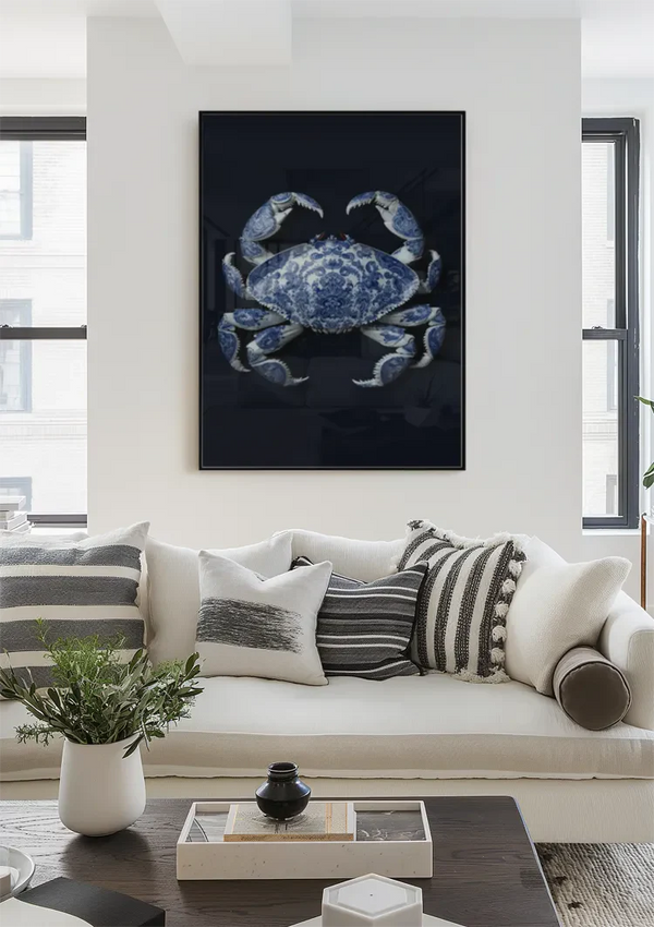 Delft Blue Crab Dark Background Classic Porcelain Pattern Painting