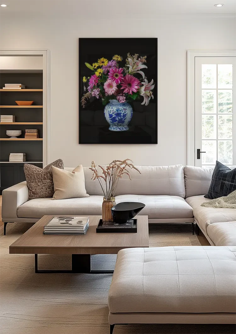 Kleurrijk Bloemboeket in Delfts Blauwe Vaas Donkere Achtergrond Schilderij