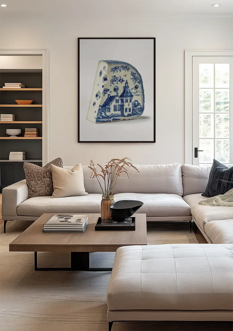 Delft Blue Cheese with Dutch House Illustration Painting