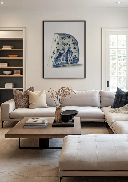 Delft Blue Cheese with Dutch House Illustration Painting