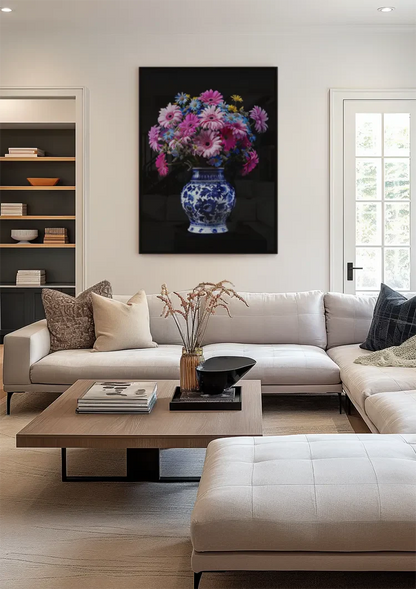 Delfter blaue Vase mit bunten Blumen auf schwarzem Hintergrund Gemälde