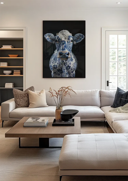 Delfts Blauwe Koe Bloemenpatroon Zwarte Achtergrond Artistiek Schilderij