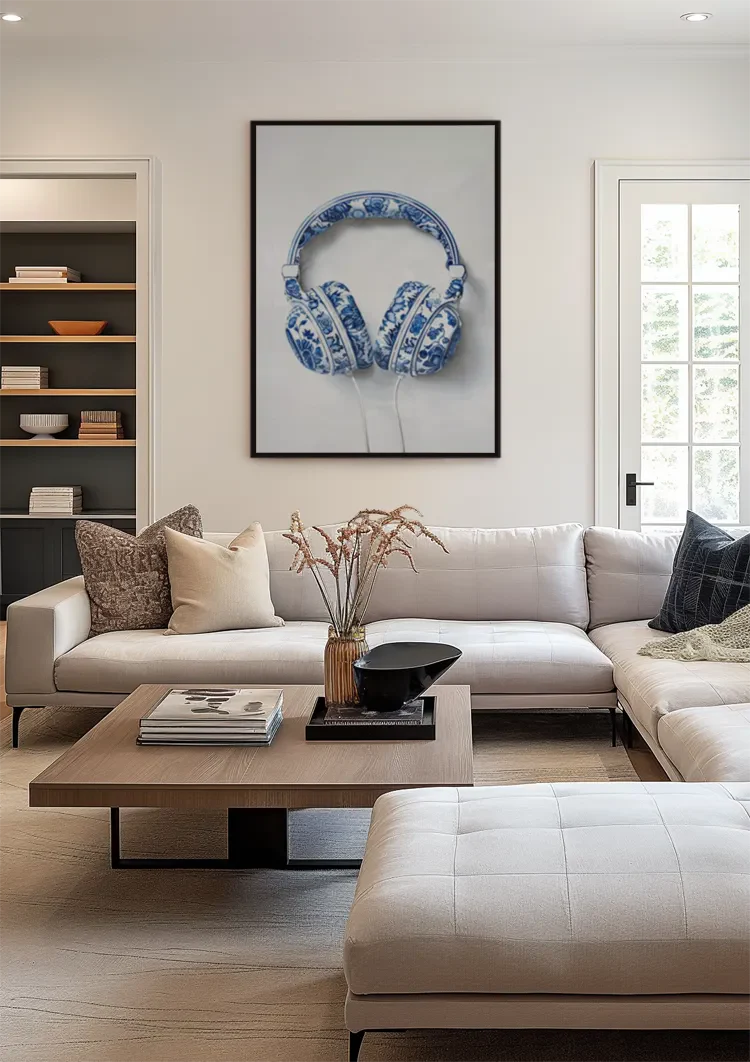 Delfts Blauw Koptelefoon Bloemenpatroon Porselein Pop Art Schilderij