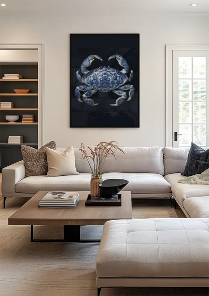 Delft Blue Crab Dark Background Classic Porcelain Pattern Painting
