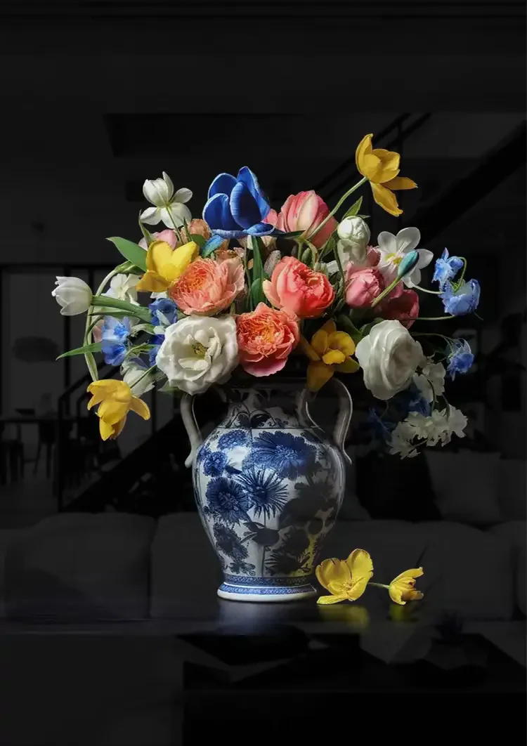 Delfts Blauwe Vaas Kleurrijke Bloemen Klassiek Stilleven Schilderij