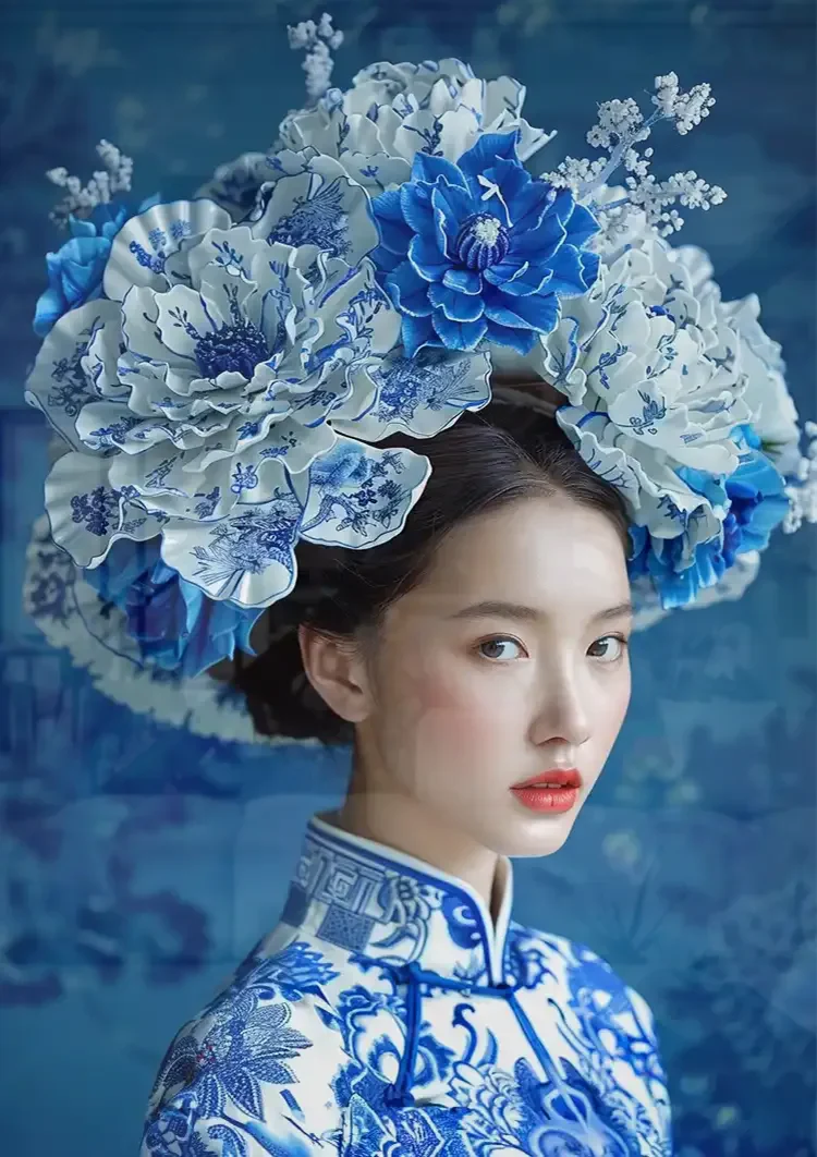 Delfts Blauw Vrouw Grote Bloemenkroon Traditioneel Portret Blauw Schilderij