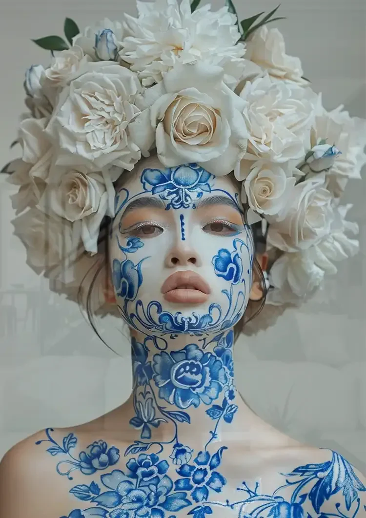 Vrouw Delfts Blauw Gezichtsschildering Witte Rozen Hoofdtooi Schilderij