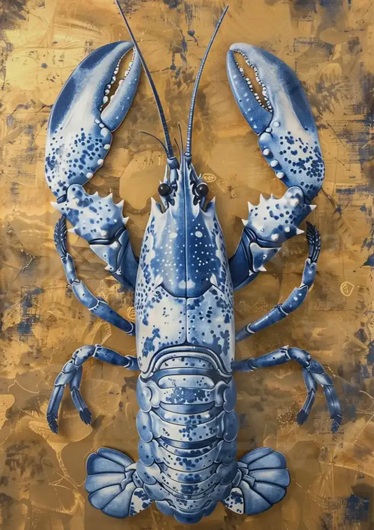 Delfts blauw kreeft canvas schilderij aan de muur boven het bed in de slaapkamer