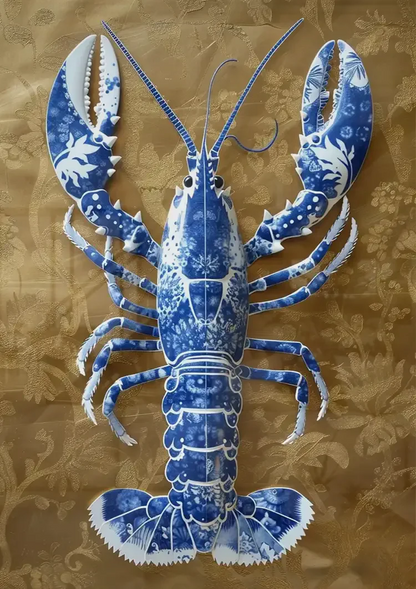 Delft Blue Lobster Gold Textured Background Painting