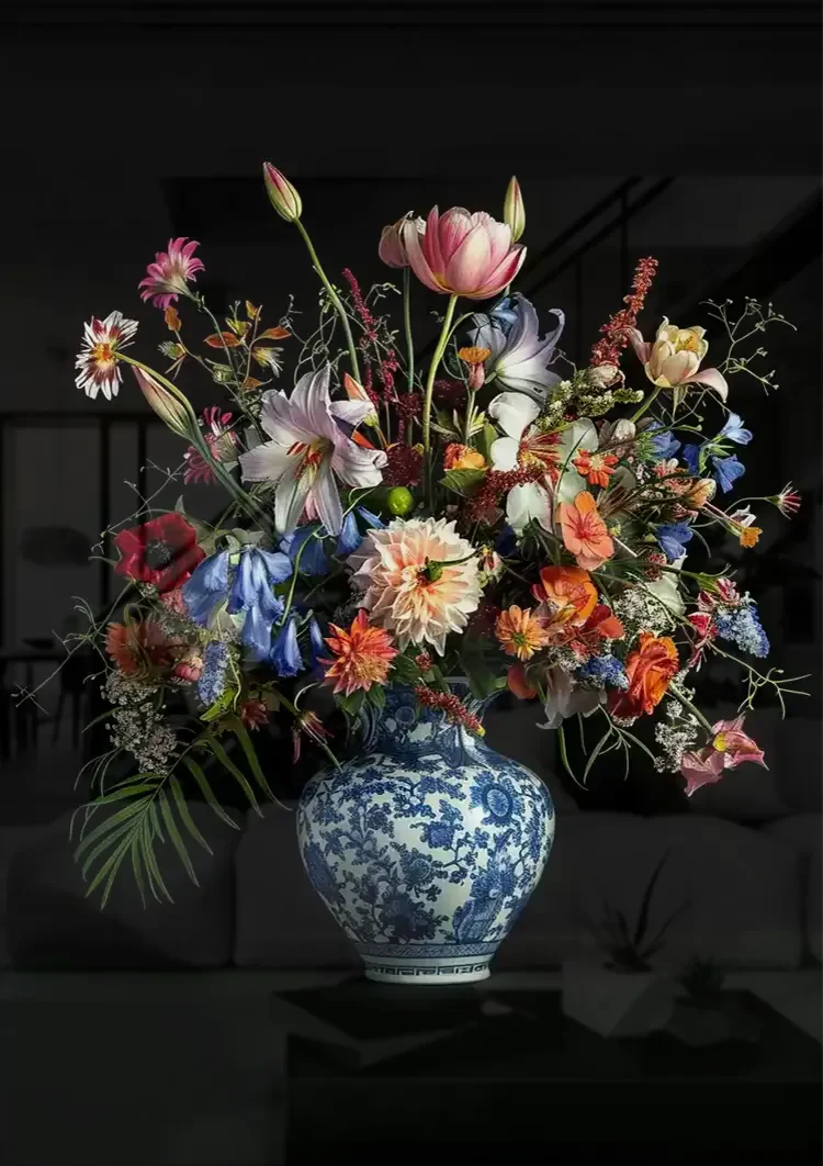 Delfts Blauw Vaas Kleurrijk Bloemboeket Tulpen Rozen Zwarte Achtergrond Stilleven Schilderij