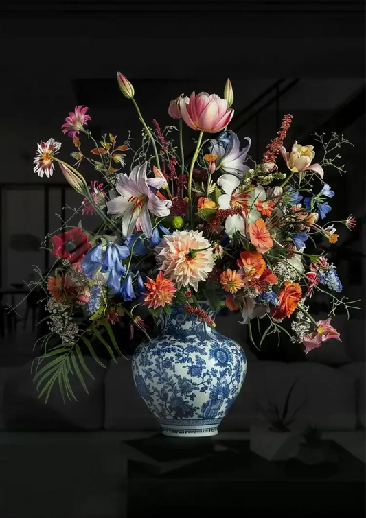Delfts blauwe bloemenvaas canvas schilderij boven het bed in de slaapkamer