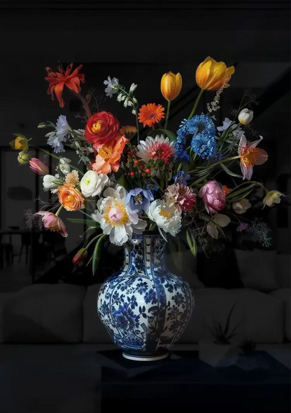 Delfts Blauwe Vaas Kleurrijke Bloemen Tulpen Pioenrozen Donkere Achtergrond Schilderij