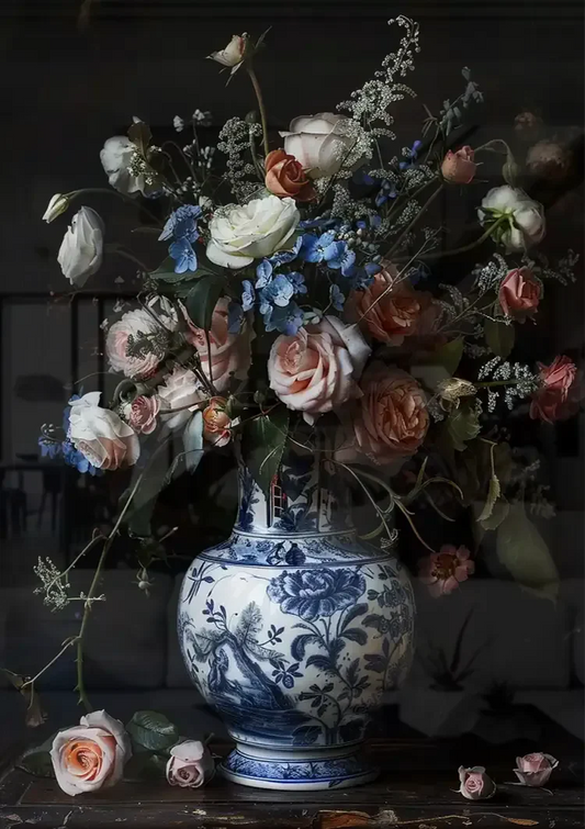 Delfts blauwe vaas met rozen canvas schilderij boven het bed in de slaapkamer.
