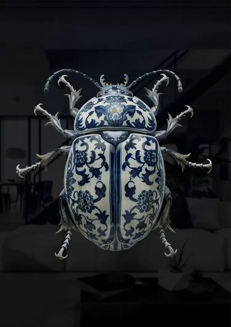 Delft Blue Porcelain Beetle Dark Background Painting