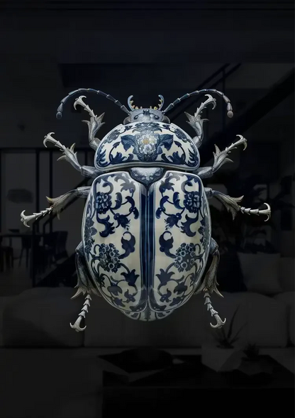 Delft Blue Porcelain Beetle Dark Background Painting