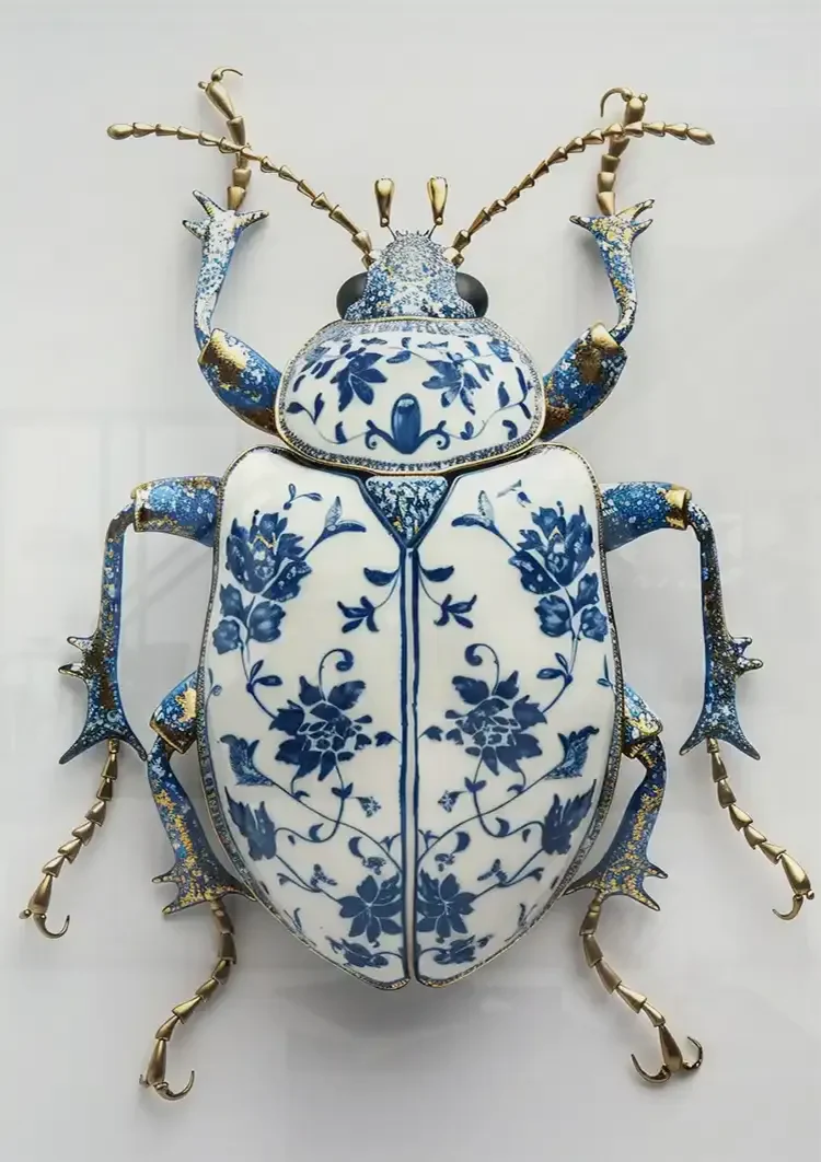 Delfts Blauw Kever Bloempatroon Gouden Poten Wit Porselein Klassiek Schilderij