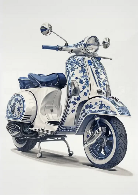 Delfts blauwe scooter canvas schilderij aan de muur boven het bed in de slaapkamer