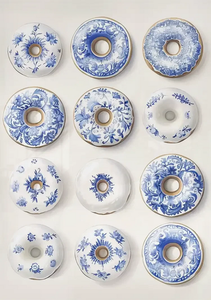Twelve Donuts With Delft Blue Pattern Playful Ceramic Painting
