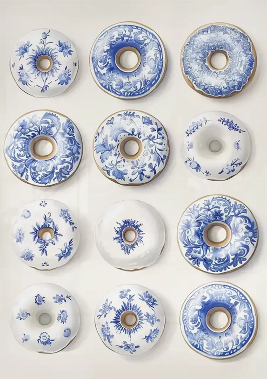 Donuts met Delfts blauw patroon canvas schilderij boven het bed in de slaapkamer.
