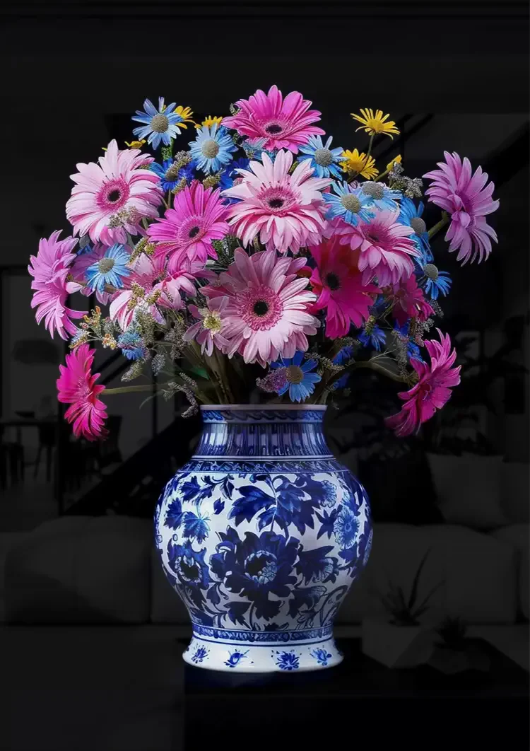 Delfter blaue Vase mit bunten Blumen auf schwarzem Hintergrund Gemälde