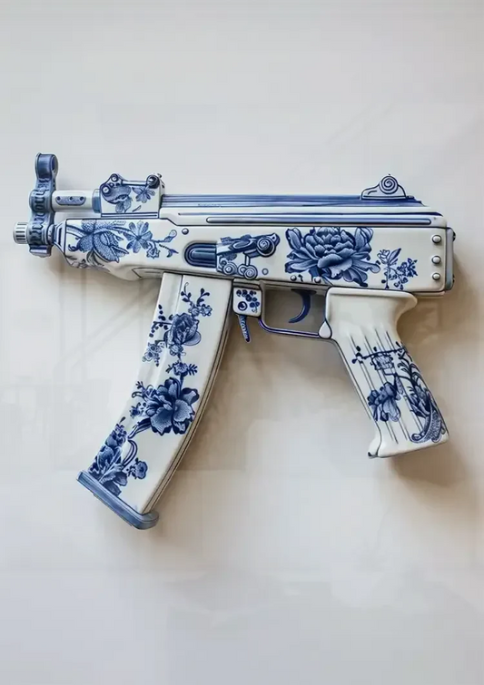 Delfts blauw machinepistool canvas schilderij aan de muur boven het bed in de slaapkamer