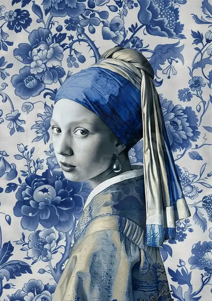Delft Blue Girl with a Pearl Earring Portrait Floral Background Painting