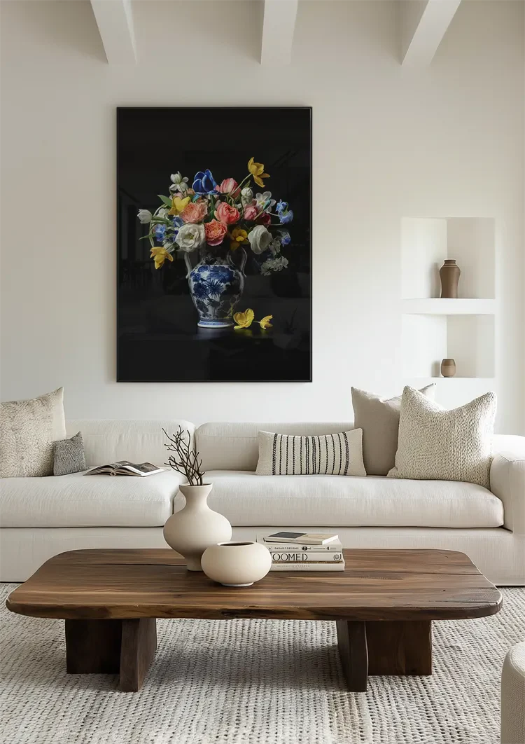 Delfts Blauwe Vaas Kleurrijke Bloemen Klassiek Stilleven Schilderij
