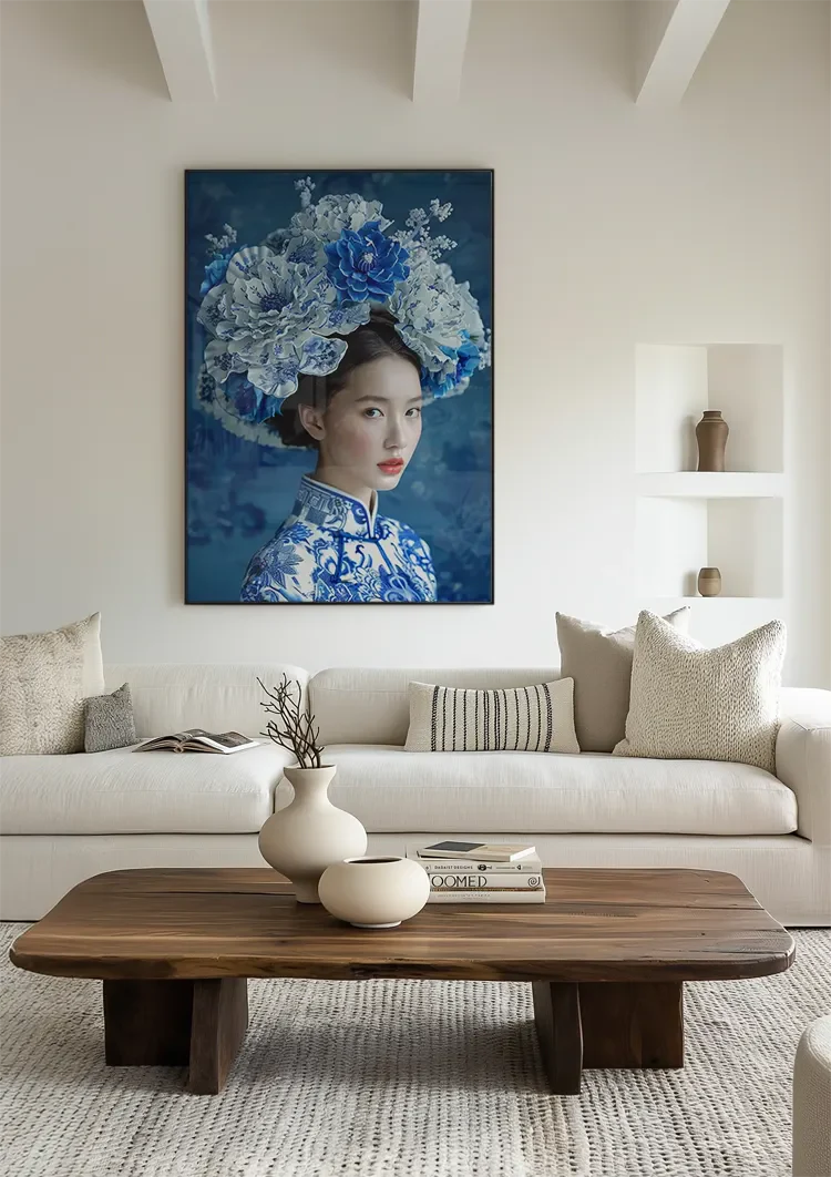 Delfts Blauw Vrouw Grote Bloemenkroon Traditioneel Portret Blauw Schilderij