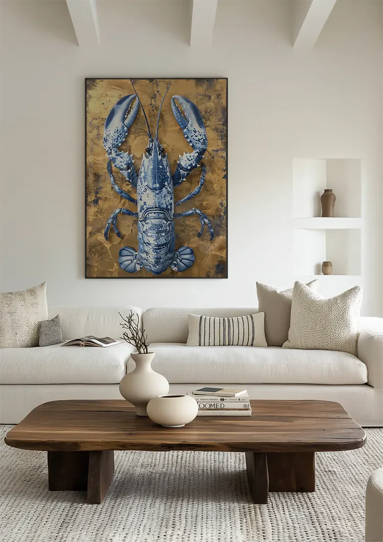 Delfter Blau Hummer Goldener Hintergrund Chinesisches Porzellan Luxus Klassisches Gemälde