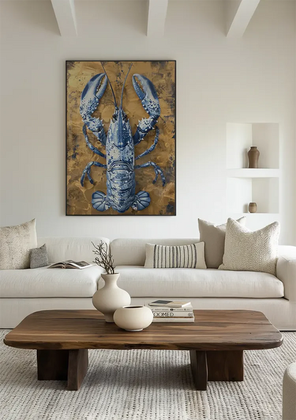 Delfter Blau Hummer Goldener Hintergrund Chinesisches Porzellan Luxus Klassisches Gemälde