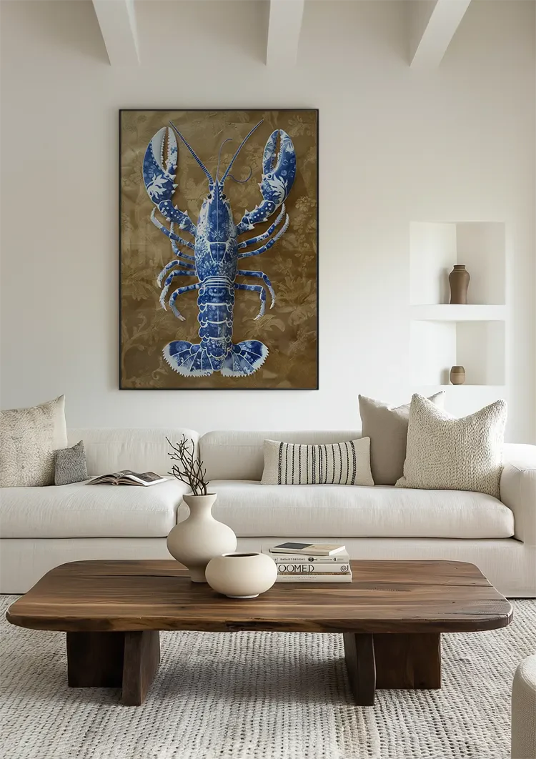 Delft Blue Lobster Gold Textured Background Painting
