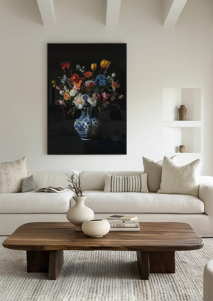 Delfts Blauwe Vaas Kleurrijke Bloemen Tulpen Pioenrozen Donkere Achtergrond Schilderij