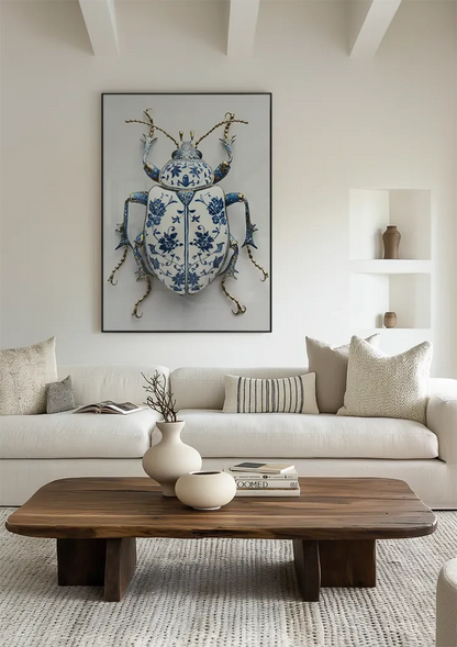 Delfts Blauw Kever Bloempatroon Gouden Poten Wit Porselein Klassiek Schilderij