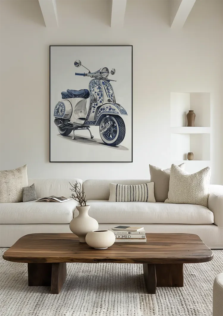 Delfts Blauwe Vintage Vespa Scooter Bloemen Decoratie Schilderij