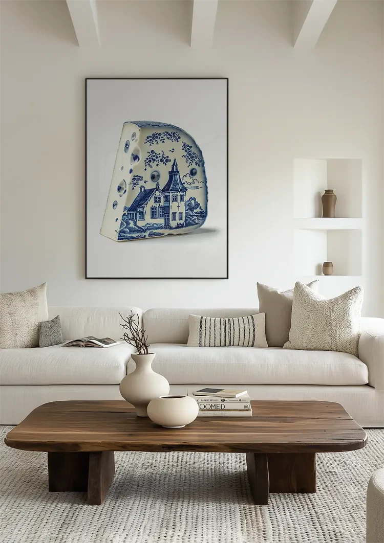 Delft Blue Cheese with Dutch House Illustration Painting