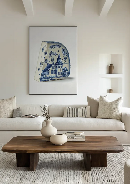 Delft Blue Cheese with Dutch House Illustration Painting