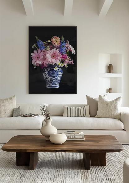 Delfts Blauw Vaas Kleurrijke Bloemen Boeket Donkere Achtergrond Schilderij