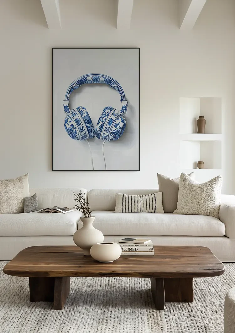 Delfts Blauw Koptelefoon Bloemenpatroon Porselein Pop Art Schilderij