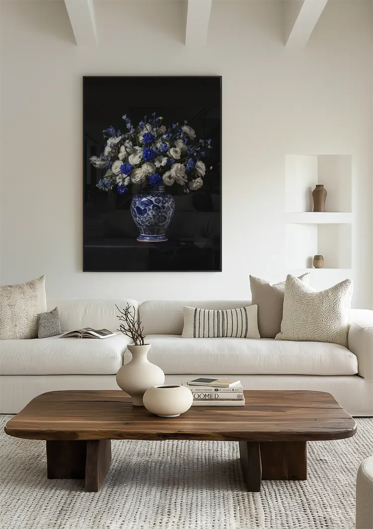 Delfts Blauwe Vaas Witte Rozen Blauwe Bloemen Zwarte Achtergrond Schilderij
