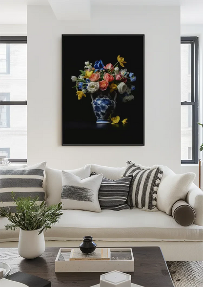 Delfts Blauwe Vaas Kleurrijke Bloemen Klassiek Stilleven Schilderij