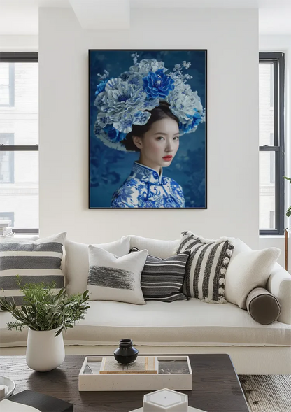 Delfts Blauw Vrouw Grote Bloemenkroon Traditioneel Portret Blauw Schilderij