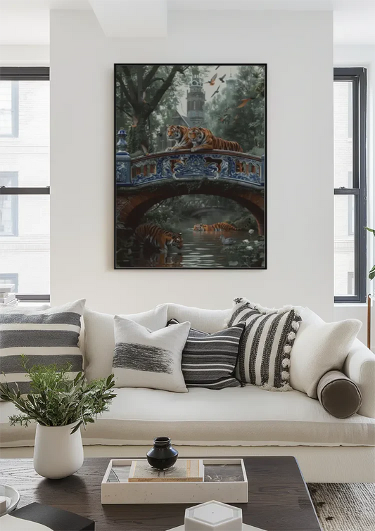 Tijgers op een brug canvas schilderij aan de muur boven het bed in de slaapkamer