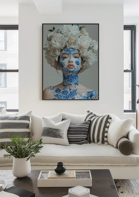 Vrouw met gezichtsschildering canvas schilderij aan de muur in de hal