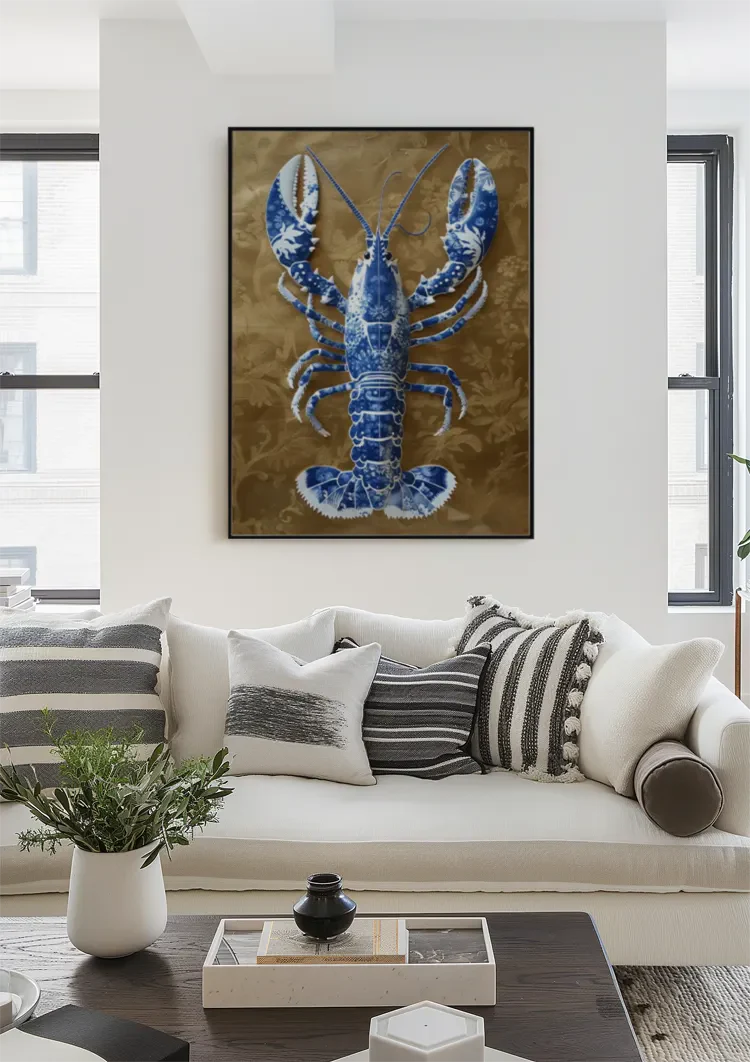 Delft Blue Lobster Gold Textured Background Painting