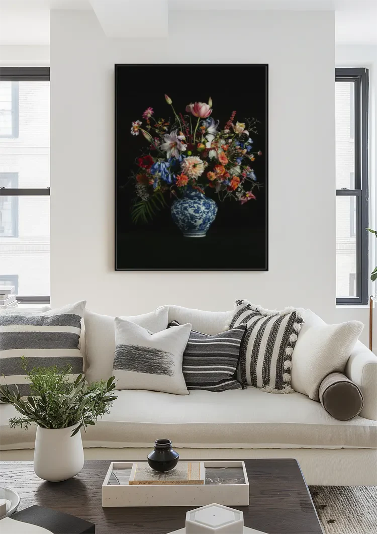 Delfts Blauw Vaas Kleurrijk Bloemboeket Tulpen Rozen Zwarte Achtergrond Stilleven Schilderij