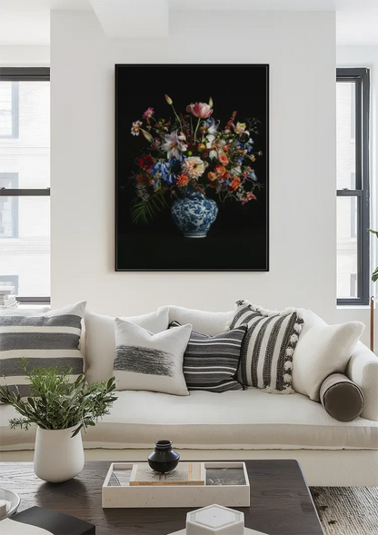Delfts Blauw Vaas Kleurrijk Bloemboeket Tulpen Rozen Zwarte Achtergrond Stilleven Schilderij