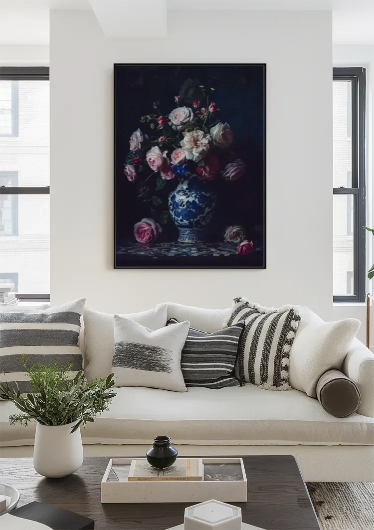 Delfts Blauwe Vaas Grote Rozen Donkere Achtergrond Stilleven Schilderij