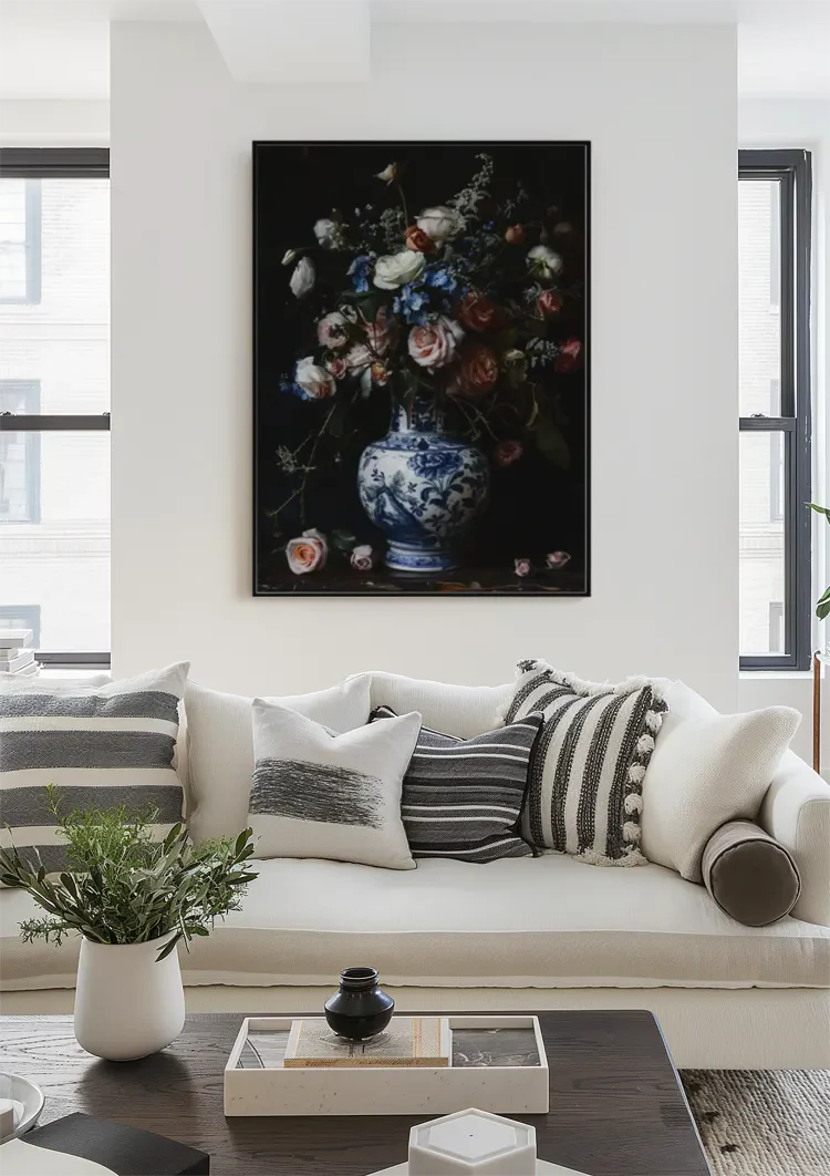 Delfts Blauw Vaas Roze Witte Rozen Bloemenboeket Stilleven Schilderij