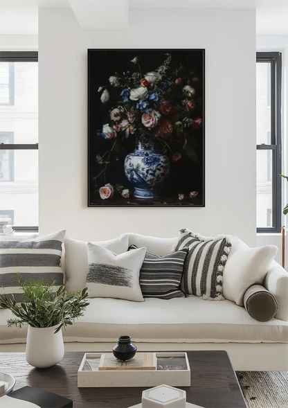 Delfts Blauw Vaas Roze Witte Rozen Bloemenboeket Stilleven Schilderij